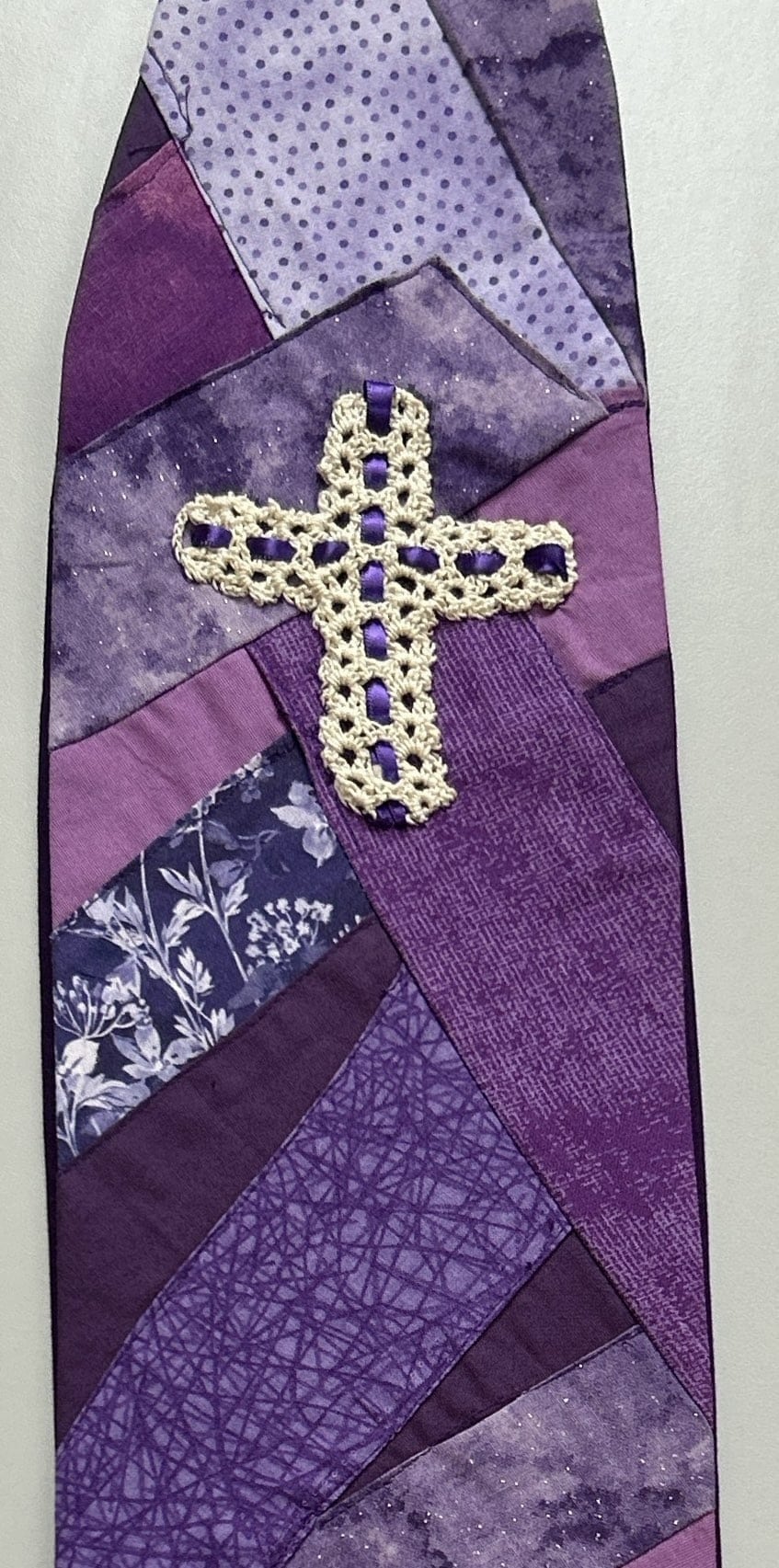 Purple stole sewn using the "crazy quilt" design.